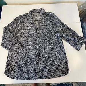 Anne Carson Linen Blend Navy Blouse Layering 3/4 Cuffed Sleeve Curved Hem XL